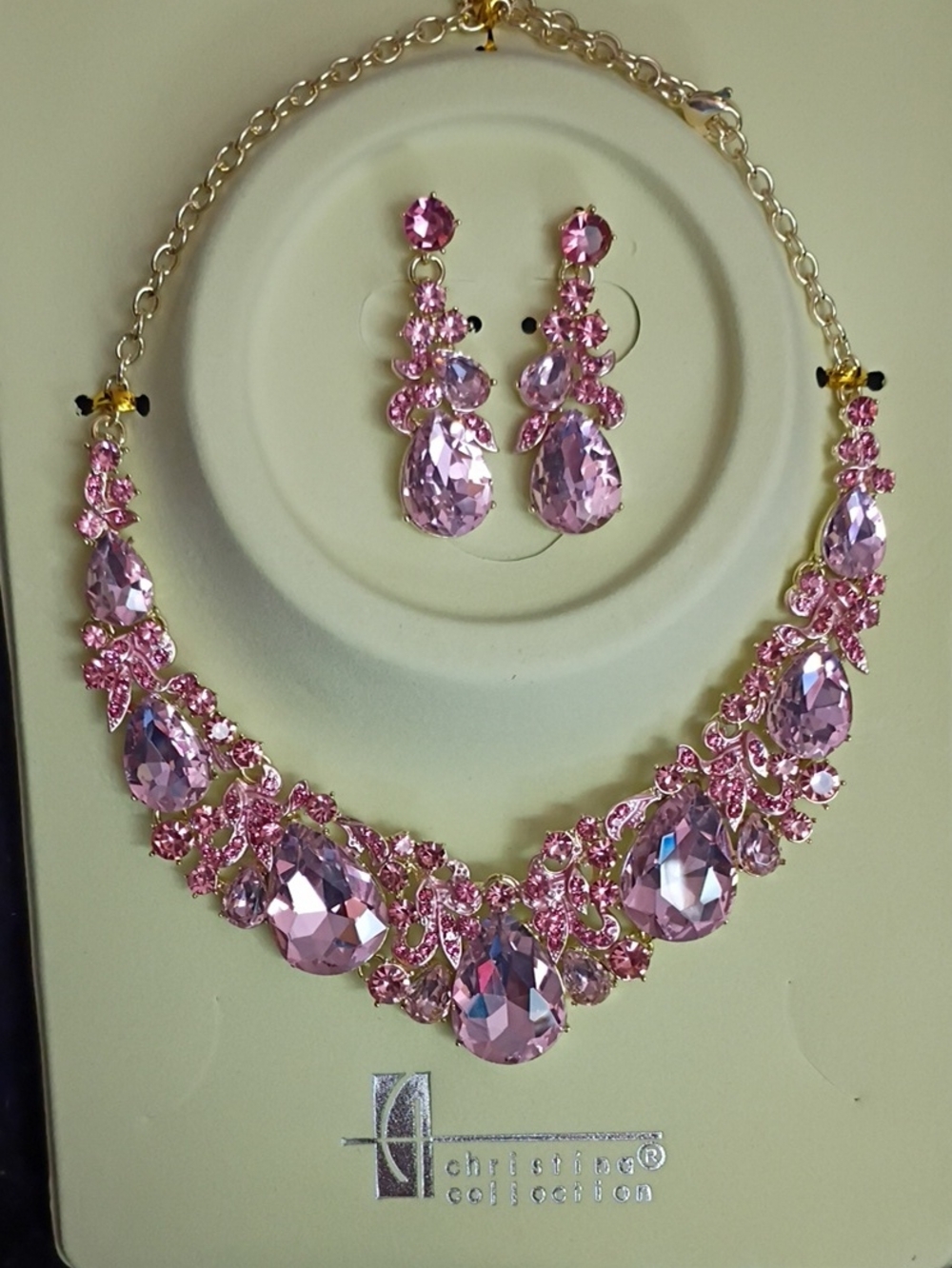 Pink Teardrop Crystal Necklace & Earrings Set